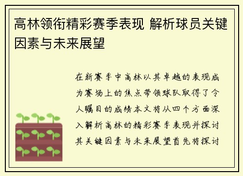高林领衔精彩赛季表现 解析球员关键因素与未来展望
