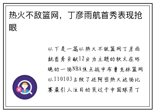 热火不敌篮网，丁彦雨航首秀表现抢眼