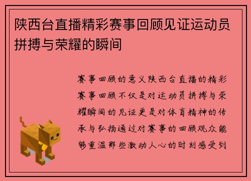陕西台直播精彩赛事回顾见证运动员拼搏与荣耀的瞬间